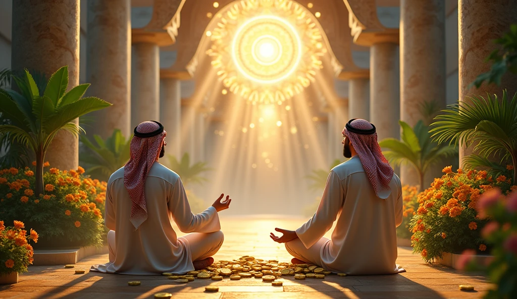 give me 2 Arabs sitting meditating in an astral temple with nature seeing money