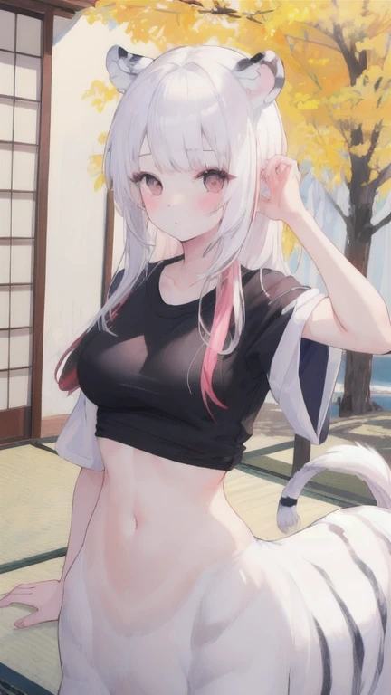 (best quality, masterpiece), 1 girl, centaur, It takes, White skin, belly button t-shirt, 아름다운 소녀 perfect white tiger photo, perfect white tiger photo