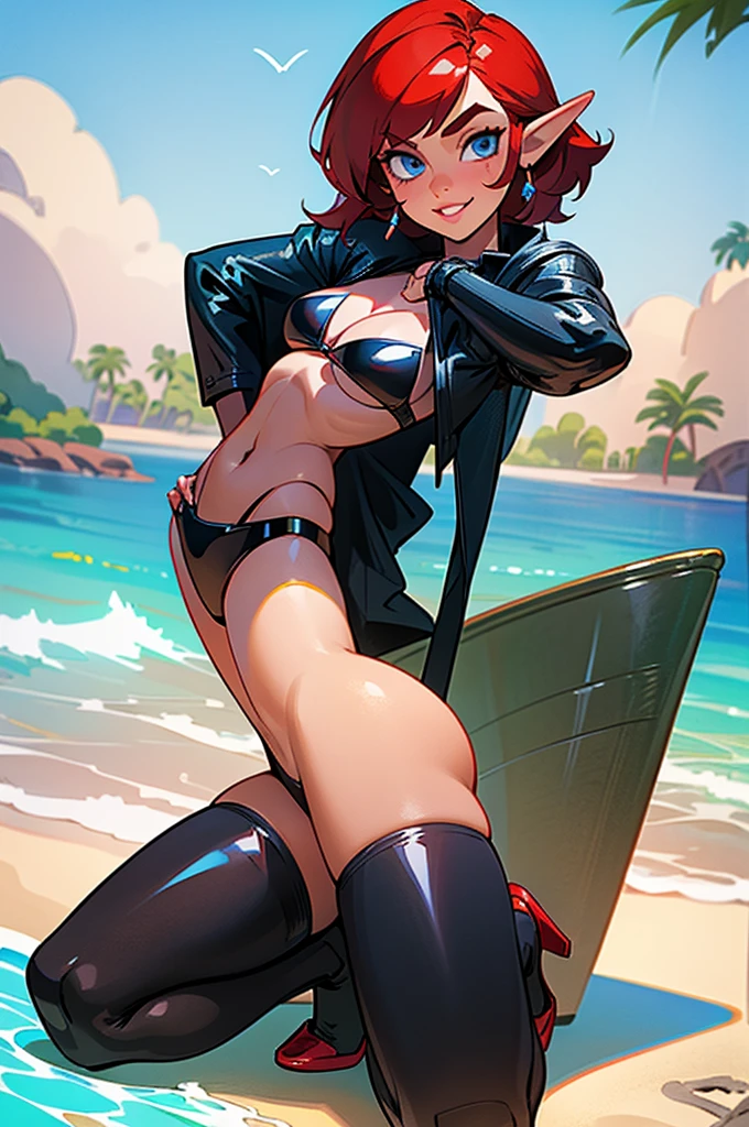 1girl, female mature elf, curvy body build, short red hair, blue eyes, black leather bikini top, stomach exposed, black leather bikini bottom, black stiletto high heels, seductive smile, seductive pose, kneeling on sandy beach, full pouty lips, front view, head tilted towards viewer
