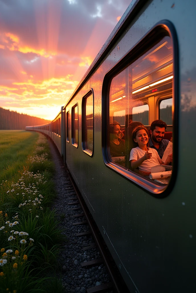 Train window seen from outside to inside with people