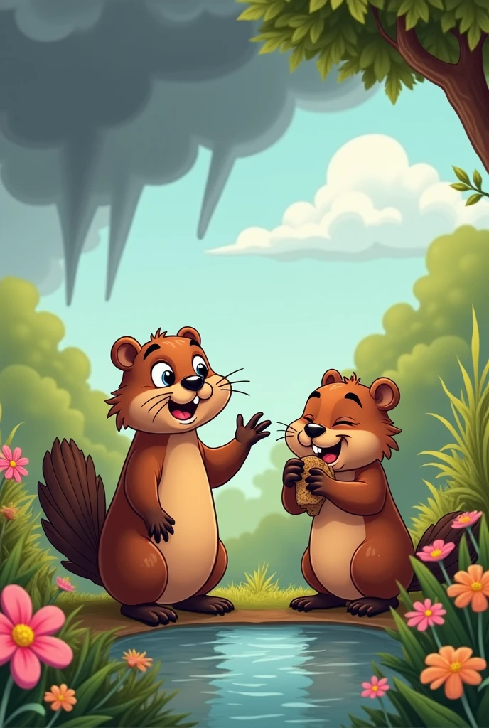 Make me a pair of beavers, one warning him to come inside because of the approaching storm and the other ignoring him., with cartoon drawing