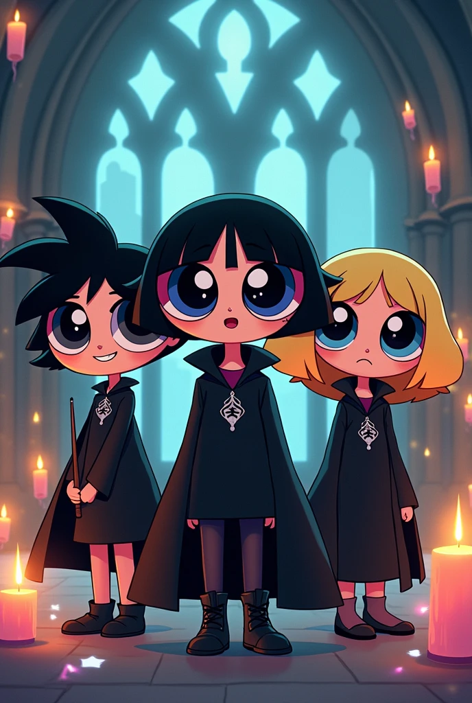 Powerpuff Girls dressed as Harry Potter characters - the sweet one is Bellatrix Lestrange, the little flower is Woldmort and Cutie is Severus Snape