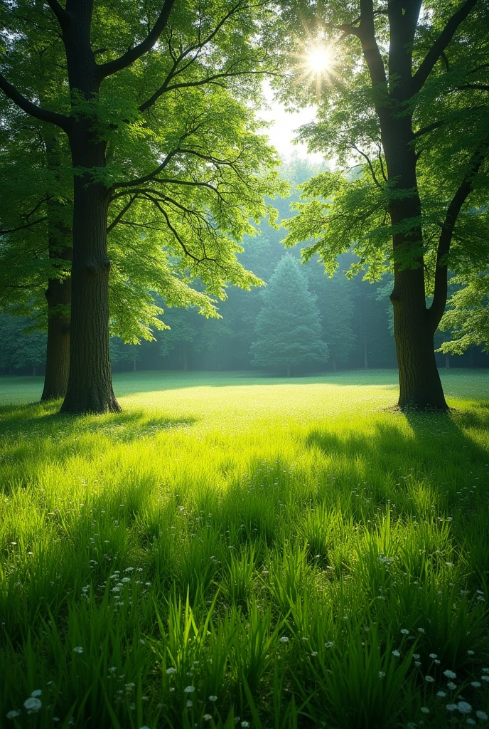 A green field in a forest during the day