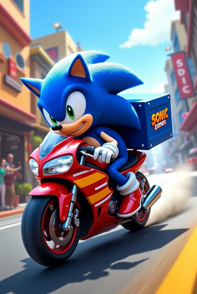 Sonic con una mochila celeste de delivery que diga Sonic Express en moto