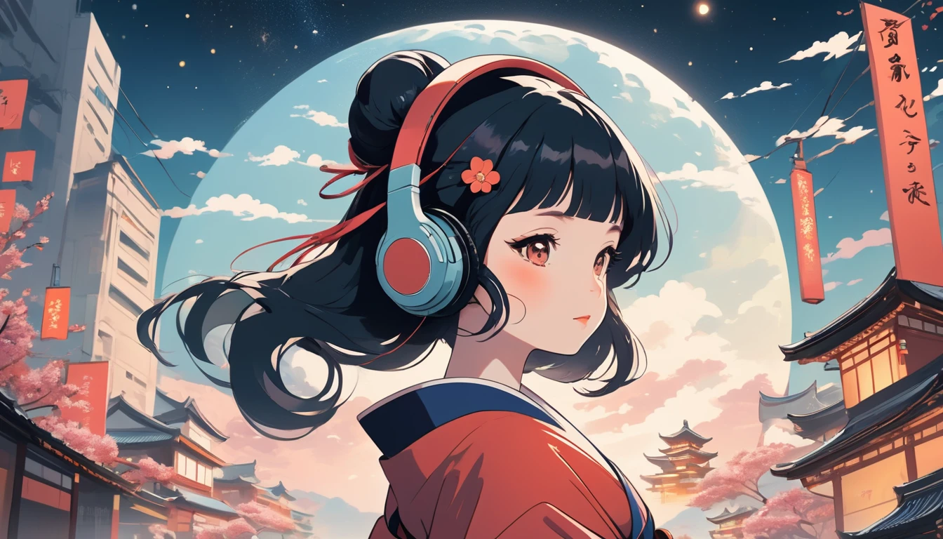 Japanese style headphones、geisha、Wide-angle lens, Lofi Anime, Lofi illustration, Aesthetic atmosphere, Lo-Fi Style, Vector art, Flat Design, Simple shape, Warm tones, Pleasant atmosphere, Chill, In anime style, Digital drawing, Vector art, Vector logo for t-shirt printing, (Adorable:1.5), (small:1.4), (Playful:1.2), (soft:1.3), (Whimsical:1.1), masterpiece, Highest quality, 8k, Intricate details, grow, Celestial, Mysterious, Picturesque, amazing, Majestic, Magic, Fantasy art, Cover art, dream-like