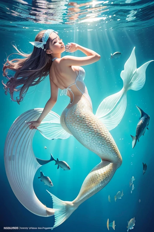 A sexy 13-yr Asian girl is illuminating(( wearing a fish head band))(( wearing transparent illuminating mermaids costume sexy full body detail anatomy figure)), wearing transparent one piece scally detailed on skin, wearing scally fish like skin texture body, lifting up plump pussy , wavy blue short braided hairstyles from the flow water, ((having fish tails instead of toes))( fish fins ears))(scally fish arms, torso, bottom, face, neck, shoulder & legs))((showing face near camera)) (accurate details of hands & fingers)) hard big errect nipples, open legs splitting position,exposed pussy line, exposed illuminating panties, exposed pussyline, smiling with teeth exposed. Sparkling gray eyes, charms, face details & fucos skin texture colored white, swimming under the ocean showing corals, urchins, fish, turtle, whale, bubbles of air for accurate background masterpiece ((with illuminating full white crystalline gemstone illuminating fish like scales skin textured all over her body)) ((with gills)) swimming with ocean current waves under the sea,( many different perspective view character profile , front view, side view, rear view, of same face & clothing girls posing deferent angle))(( perfect details of mermaid body and tail fin anantomy))