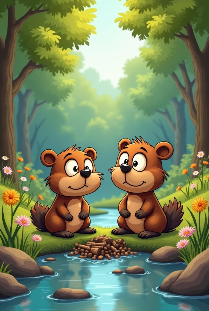 A pair of beavers in the forest watch sadly as their wooden house was destroyed, in a cartoon style