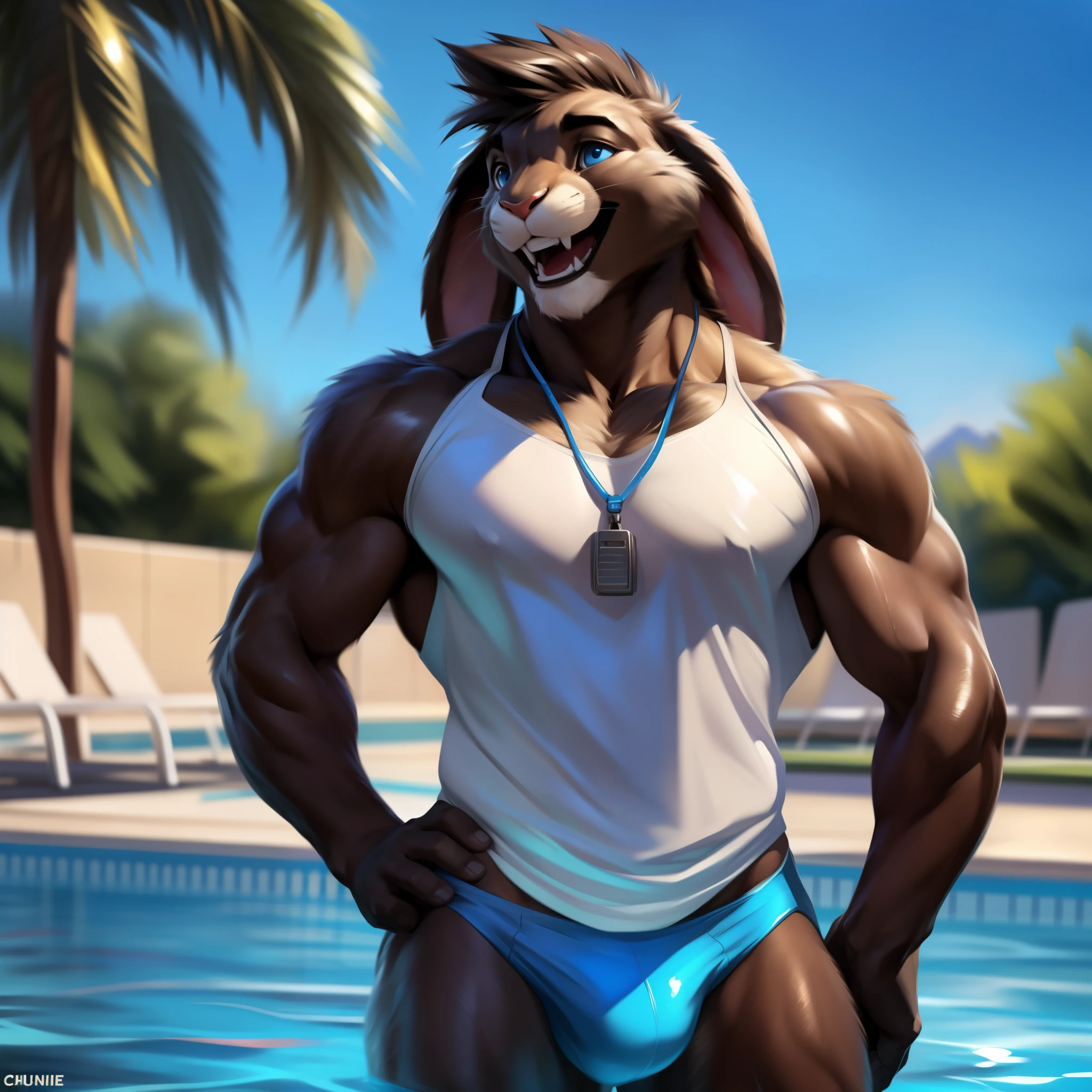 Rabbit, Male, Muscular, Solo, swim coach, blue speedo, wet t-shirt, whistle, wet, laughing, happy, kind, bright sunlight, poolside, handsome, blue eyes, Olympic swimming pool background, tall, young, facing viewer, wide hips, thick thighs, hands on hips, long ears, rabbit tail, Photorealistic, depth of field, Wide Dynamic Field, Full Body view, (by null-ghost, by Chunie, by darkgem)