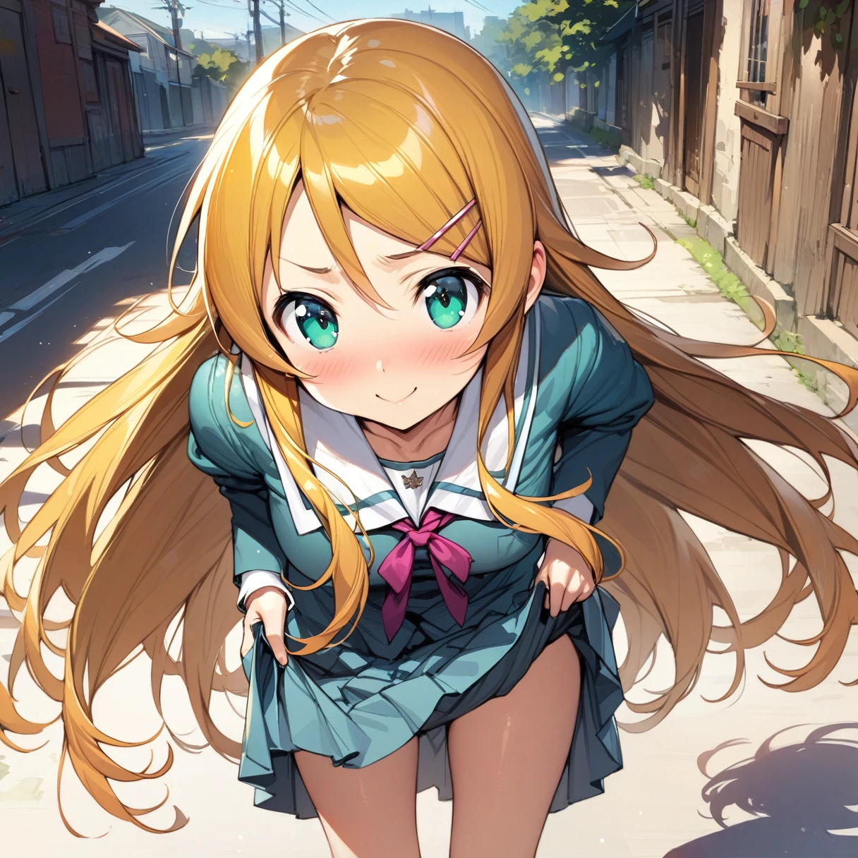 (masterpiece),(Highest quality),(Very detailed),(Best illustrations),(Best Shadow),(Absurd),(Detailed Background),(so beautiful), (Perfect body:1.3), kirino kousaka, Blonde, Long Hair, Hair Clip, Green Eyes, bangs, Schoolgirl uniform, View your viewers, Upper Body, smile,Embarrassed,Leaning forward,(Skirt Lift:1.3),(Grab your skirt:1.3)