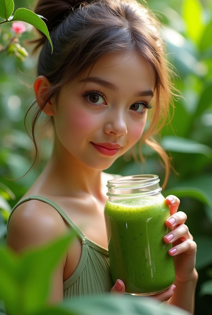 a girl drinking a green detox smoothie, beautiful detailed eyes, beautiful detailed lips, extremely detailed eyes and face, longeyelashes, elegant pose, natural lighting, high quality, 8k, photorealistic, vibrant colors, lush green garden background, healthy lifestyle, fresh ingredients, glass jar, healthy eating, illustration, digital art