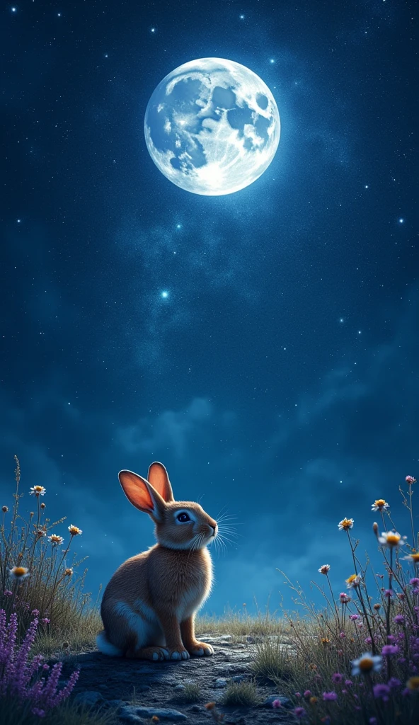 a detailed starry night sky, a rabbit looking up, full moon, dark night, realistic, photorealistic, ultra-detailed, 8k, best quality, masterpiece, dramatic lighting, cinematic, moody atmosphere, vibrant colors, ethereal, mystical, fantasy, whimsical