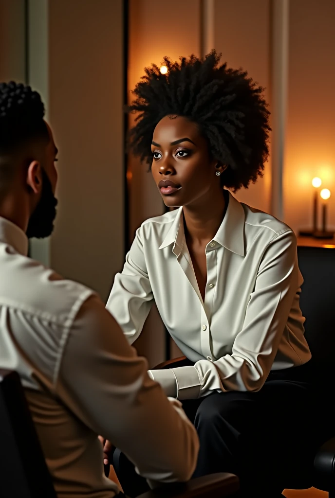 Belle jeune noire habillée en chemise dans bureau lumière feutrée en face d’elle un peu distant décor avec bougie homme blanc assis bien habillé en pantalon noir chemise