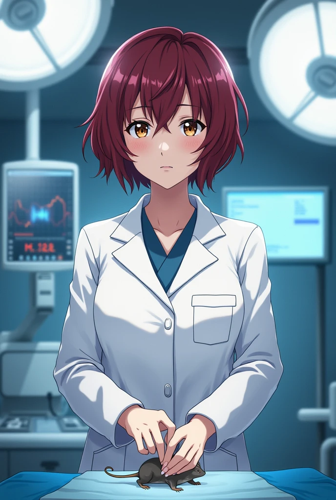 an anime character: A woman with slightly fair skin and brown eyes. Her hair is short, marsala, with bangs and a layered cut.. She wears a lab coat and a mask on the operating table operating on a mouse..
