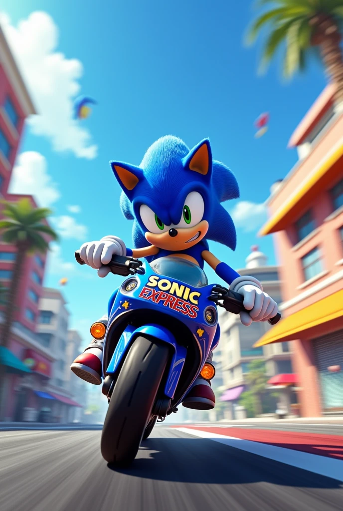 Sonic con una mochila celeste de delivery que diga Sonic Express en moto