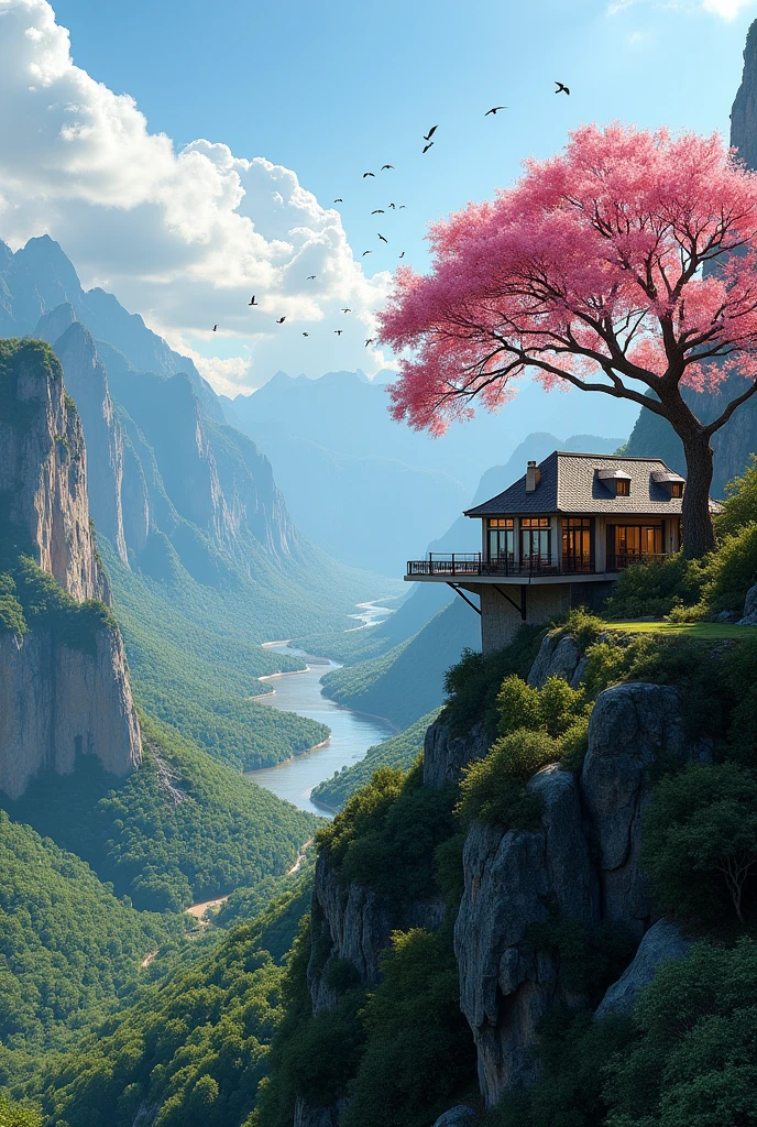 Beautiful house on a mountain a distant river birds flying a pink ipê