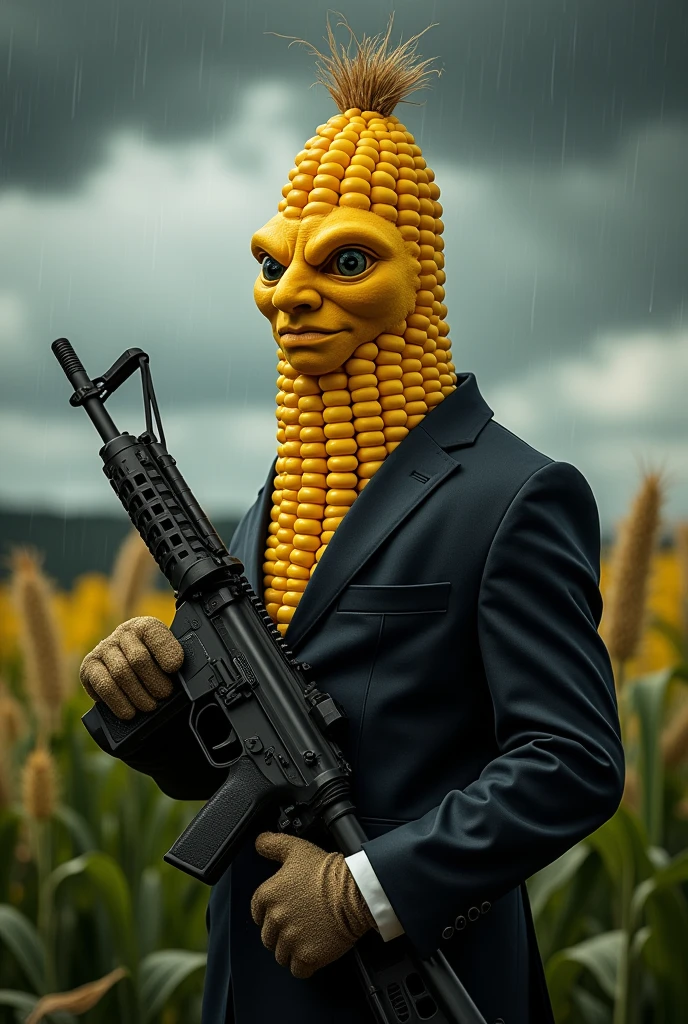 Angry corn in a suit with an ak 47