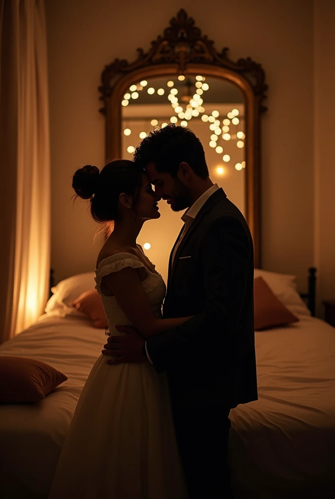 Couple in the room taking a photo in the mirror without showing their faces