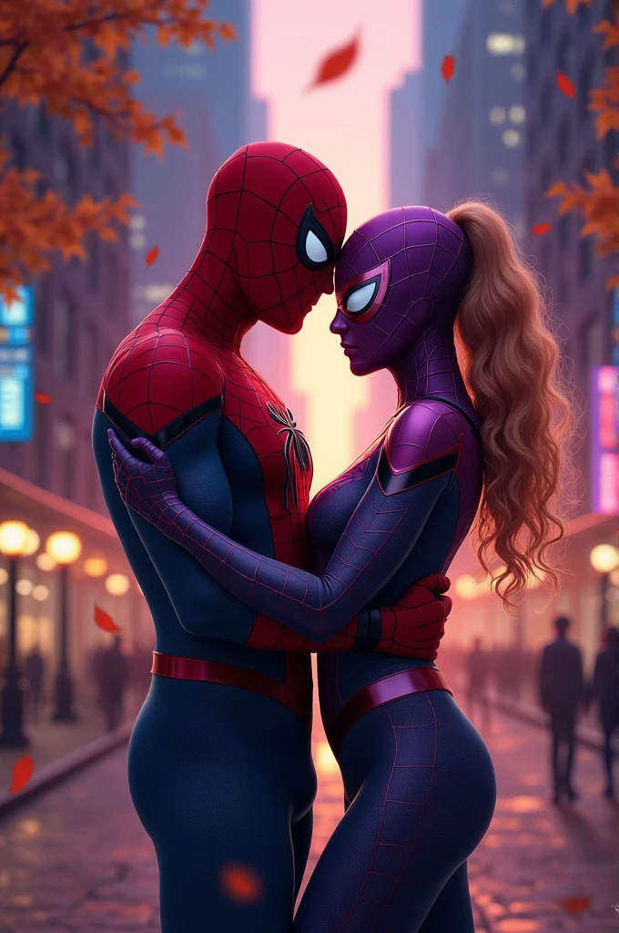 To create an image of a Spiderman and Spider-Girl couple, I'll need to generate a unique interpretation of these characters. The design will feature a male character resembling Spiderman and a female character with a similar superhero costume style, standing together in a dynamic and affectionate pose.