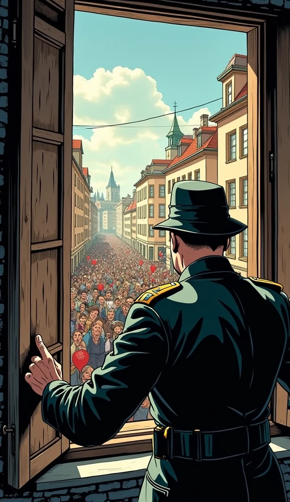 I want an image of a Nazi soldier closing a wooden window where a festival can be seen, by day and comic style and a little dark