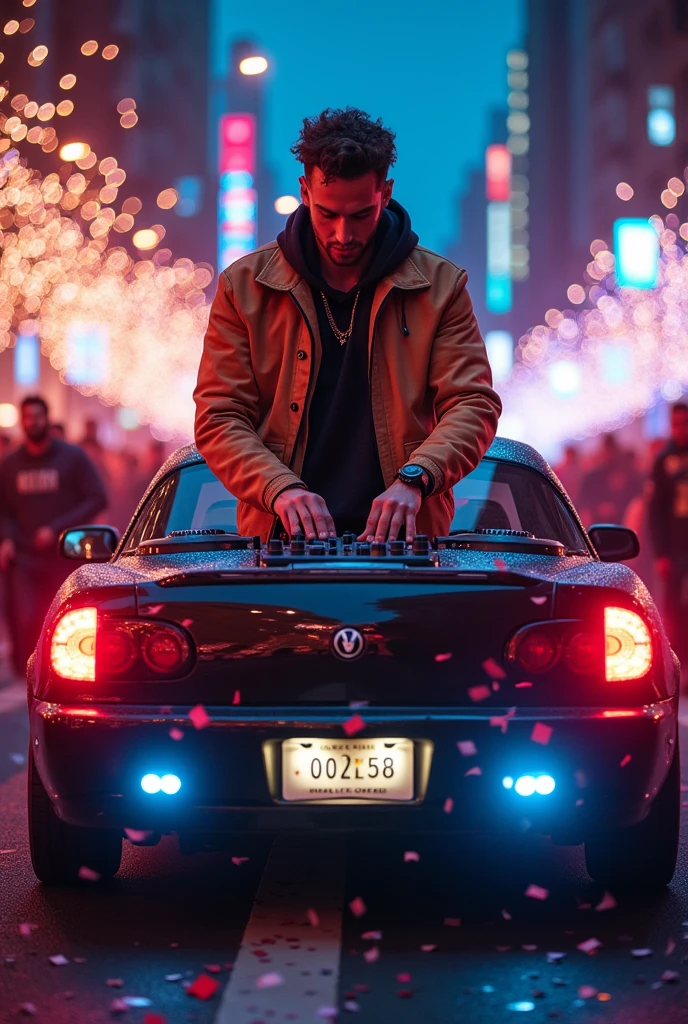 DJ Jack locutor, on top of an electric trio in a motorcade making a very lively voiceover