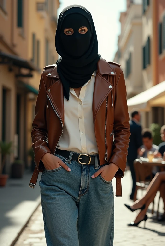 completely hidden face misterious white arabic woman wearing 2 eye holes black ski mask covering mouth and nose, without hair, head scarf, green eyes, brown biker leather jacket, white formal button down blouse, wide leg denim pants, walking on the street, sitting on a chair at a cafe, high hill sandals, crossing legs, sunny day