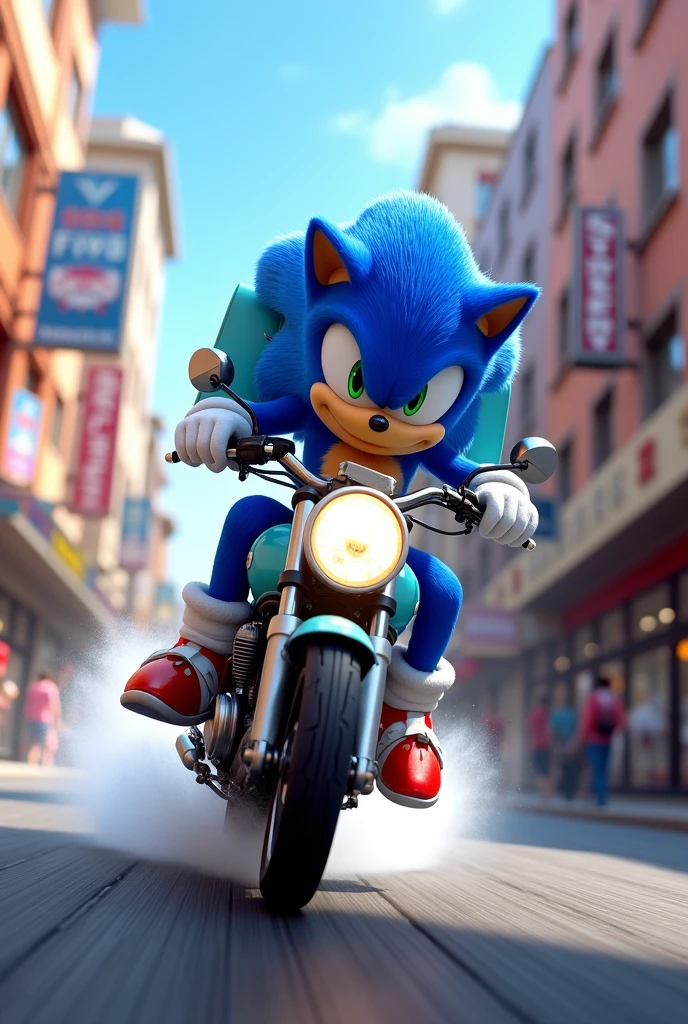 Sonic con una mochila celeste de delivery que diga Sonic Express en moto