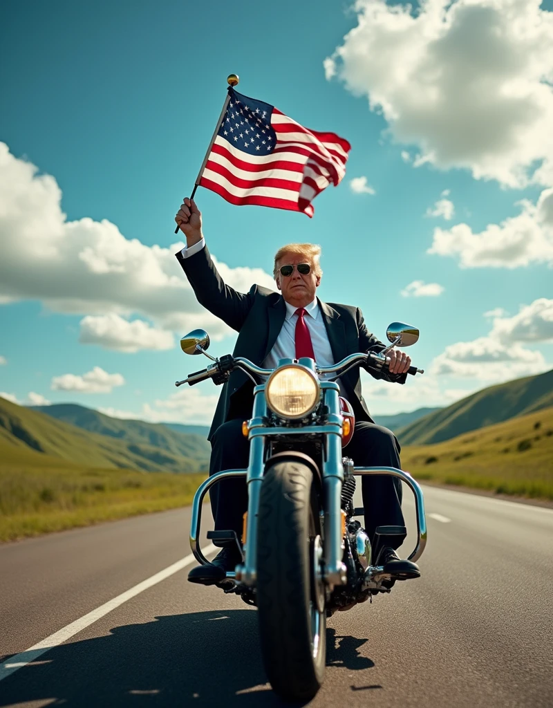 Donald trump either in a suit or the exact same outfit with the leather jacket. He should still be on the motorcycle. He must be wearing sunglasses. Lastly, he should be holding an American flag.