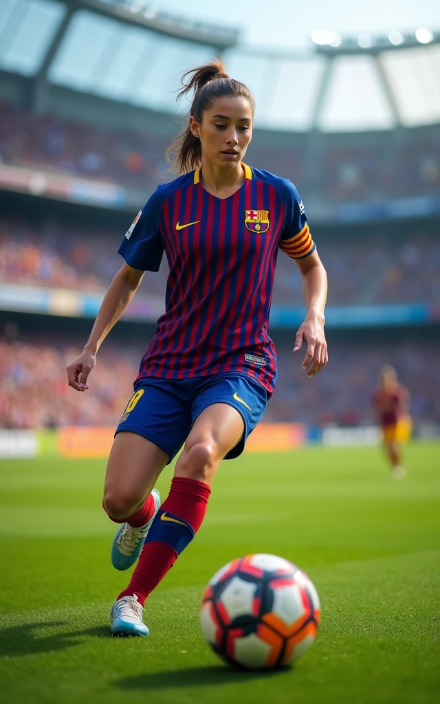 Ultra-high resolution，High-resolution details，(((best quality))), (((Extremely detailed))), (((masterpiece))), pretty，Young and beautiful female football player, Barcelona, Barça shirt， determination, Playing football on the field，Steals，Shot，Dribble，Energetic crowd full of football, Vibrant atmosphere, Inspiring, World Cup stadium as background