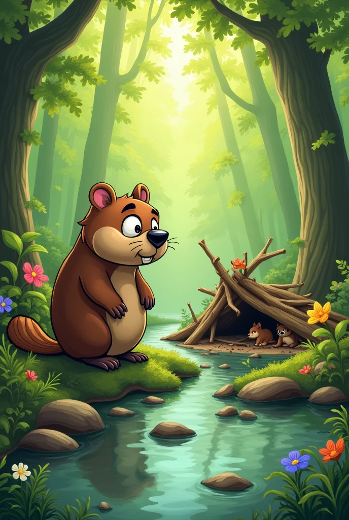 A sad beaver looking at his destroyed home in the forest , in a cartoon style
