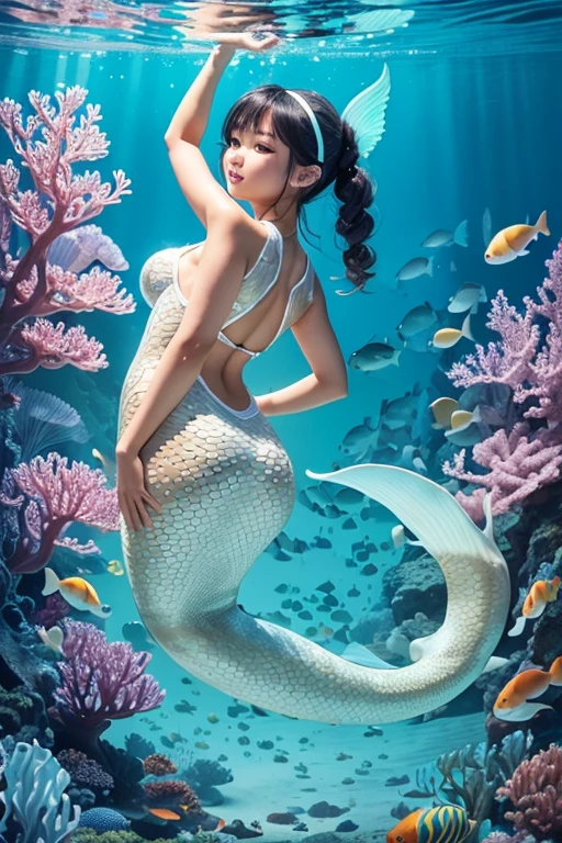 A sexy 13-yr Asian girl is illuminating(( wearing a fish head band))(( wearing transparent  illuminating mermaids costume sexy full body detail anatomy figure)), wearing transparent one piece scally detailed on skin, wearing scally fish like skin texture body, lifting up plump pussy , wavy blue short braided hairstyles from the flow water, ((having fish tails instead of toes))( fish fins ears))(scally fish arms, torso, bottom, face, neck, shoulder & legs))((showing face near camera)) (accurate details of hands & fingers)) hard big errect nipples, open legs splitting position,exposed pussy line, exposed illuminating panties, exposed pussyline, smiling with teeth exposed. Sparkling gray eyes, charms, face details & fucos skin texture colored white, swimming under the ocean showing corals, urchins, fish, turtle, whale, bubbles of air for accurate background masterpiece ((with illuminating full white crystalline gemstone illuminating fish like scales skin textured all over her body)) ((with gills)) swimming with ocean current waves under the sea,( many different perspective view character profile  , front view, side view, rear view, of same face & clothing girls posing deferent angle))(( perfect details of mermaid body and tail fin anantomy))