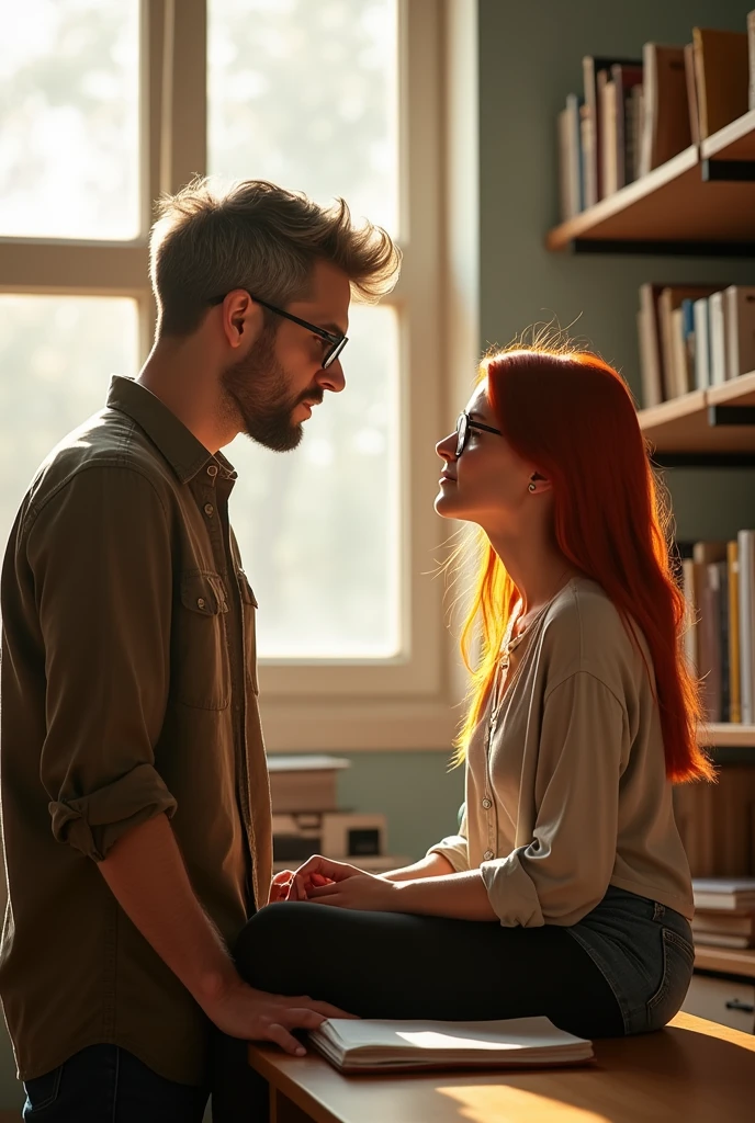 teacher with rectangular glasses, high, 30 year old young man but with some grey hair and NO beard, talking to a redheaded 18 year old girl with glasses who is sitting on a desk, They seem to be in love