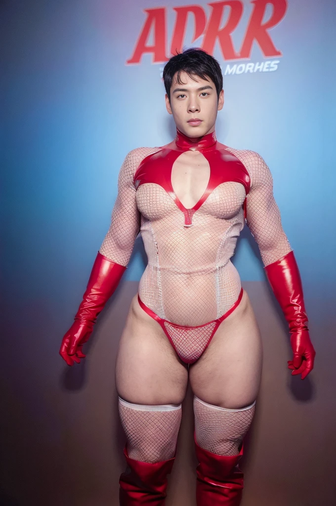 (realistic,hyper-detailed,8k,DC comic superhero,Captain Atom,captainatom),
(Fishnet suit),
(red gloves,redgloves),
(red boots,redboots) ,  ((unrealistic wide hips , unrealistic wide pelvis , plump hips)) , hips , thighs , sexy , eroticism , nsfw ,  gay, gay focus , narrow waist , snatched waist , (((only boy ,  only male))) , pectoral