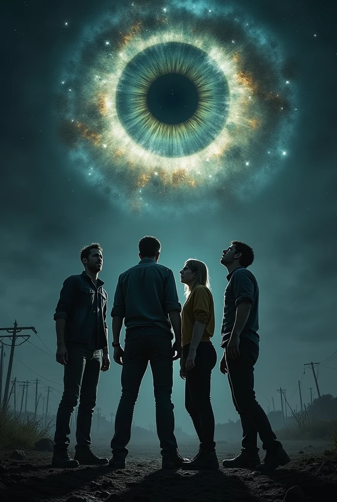 Make the characters of the walking dead looking at the dark sky with a cosmic dark eye