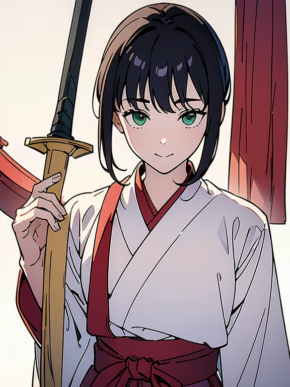 ((((masterpiece, Highest quality, Ultra-high resolution、Best illustrations))))、((Portrait of a person standing against white background))、anime、A very focused person、(Very delicate and cute face)、(Sparkling eyes)、A beautiful 18-year-old shrine maiden girl stands alone.、smile、Red cheeks、Medium size black hair、Beautiful green eyes、long red hakama、Knee-high boots、He has a wooden sword on his waist..、Stand Upright, Looking to the left of the screen、