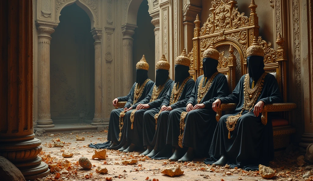 Setting: A grand but deteriorating throne room, symbolizing the decline of India's sovereignty.
Figures: A group of deceitful leaders, depicted as figures in dark, elaborate attire, engaged in deceitful activities like spreading falsehoods and making arguments.
Background: Crumbling walls and chaotic surroundings to represent the nation's decline.
Symbolism: Incorporate imagery like broken symbols of unity or religious icons to illustrate the loss of traditional values and unity.
This image should convey a sense of impending chaos and decline, reflecting the story's themes