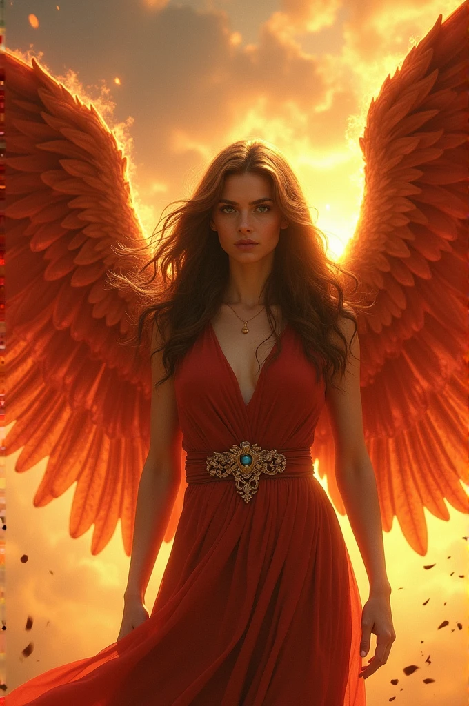 Woman angel with fire warrior wings green eyes brown hair 40 years old