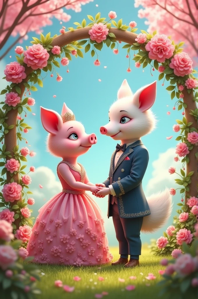 The pink pig princess is marrying the white fox prince.