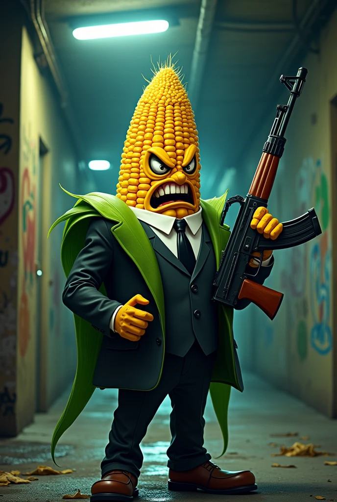 Angry corn in a suit with an ak 47 