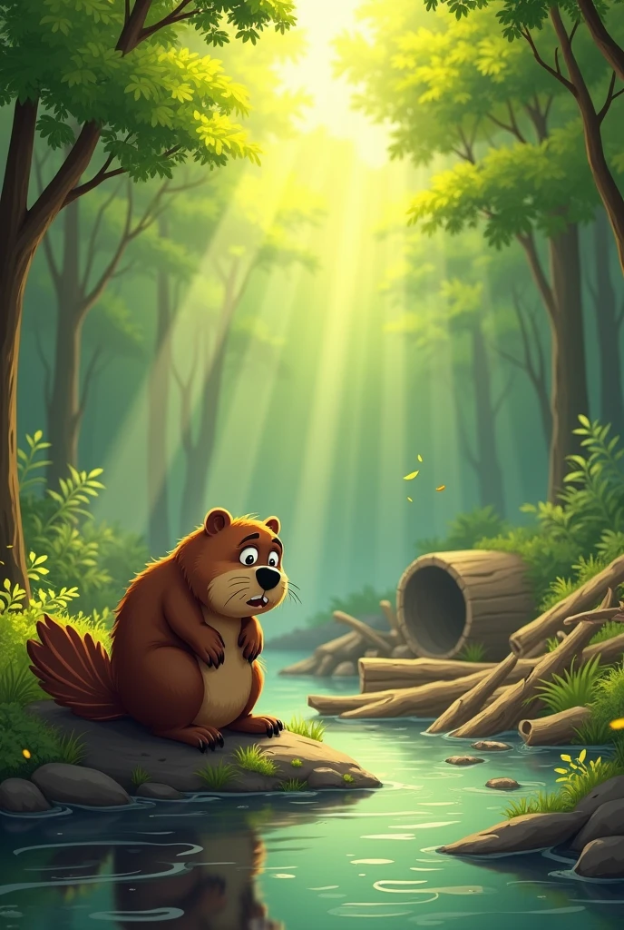 A sad beaver looking at his destroyed home in the forest , in a cartoon style