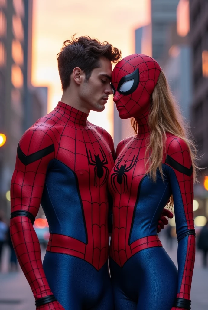 To create an image of a Spiderman and Spider-Girl couple, I'll need to generate a unique interpretation of these characters. The design will feature a male character resembling Spiderman and a female character with a similar superhero costume style, standing together in a dynamic and affectionate pose.