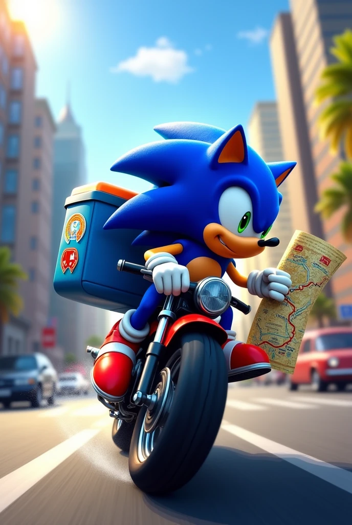 Sonic with a blue delivery backpack on a motorcycle carrying an order on a map 
