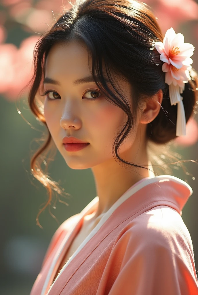 An elegantly dressed Japanese woman in natural light、A close-up of her chest and calm expression.、It shows her inner peace and outer charm.。