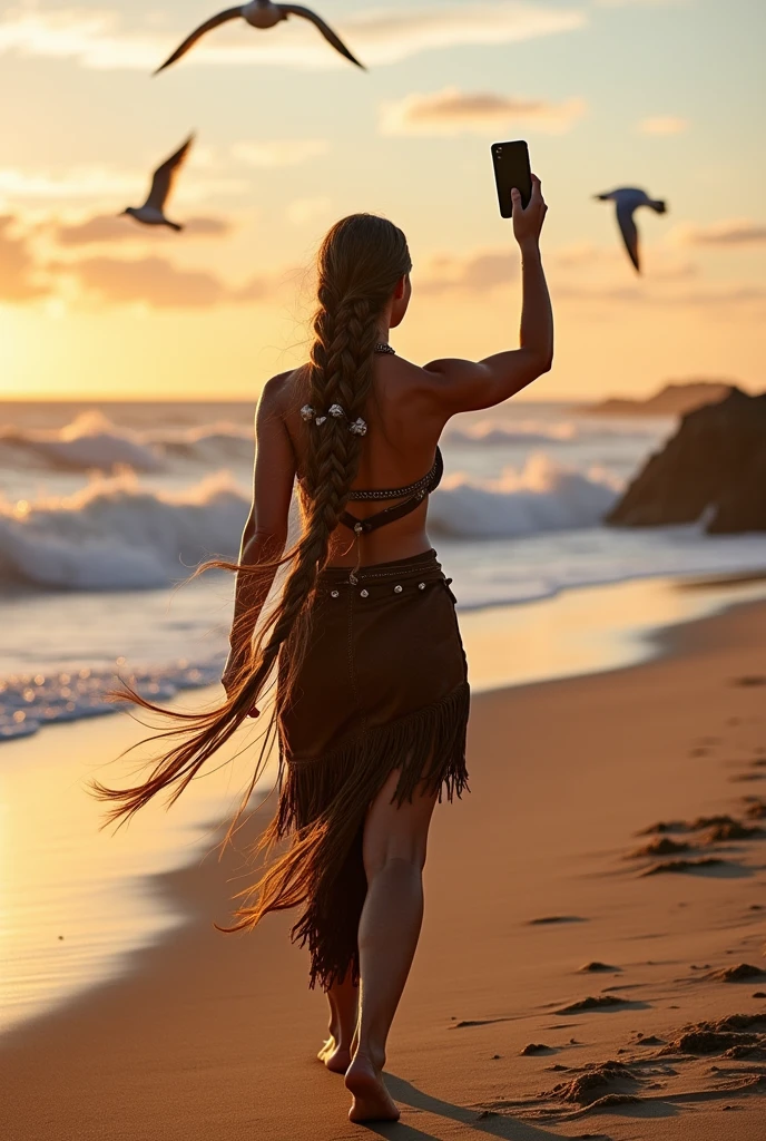 Create a woman with a Viking appearance walking along the beach with little clothing holding an iPhone in her hand but with her breasts showing, that her breasts are exposed, you understand me. But let it be noticeable that she has an iPhone in her hand as if she is taking photos.