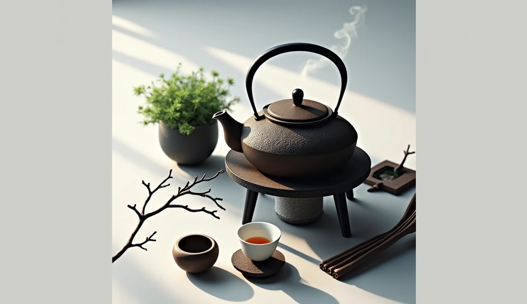 (Leave the left half of the screen blank)Nice looking cast iron kettle(Describe the texture of iron in detail)teapot(Make tea、There is smoke),Place it on the kiln-burning charcoal stove.Exquisite white ceramic glaze small teacup set on wooden coasters.Dead Branches. Inspired by the tea ceremony scene, cozy atmosphere, Zen and calm, A taste of serenity and zen, Warm and respectful atmosphere, Comfortable environment, Just relax, feeling of happiness, Soft light and shadow.high quality. High style.Zen style bamboo branches and leaves background(best quality)(intricate details)(leave a big blank)Minimalism, romanticism, Chiaroscuro, outer boundary, Ultra high quality, masterpiece, anatomically correct, Super detailed, best quality.Nice photos