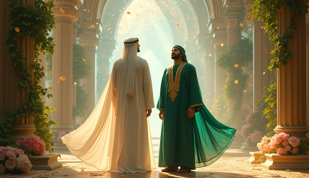 give me 2 Arabs standing in astral temple with nature seeing money