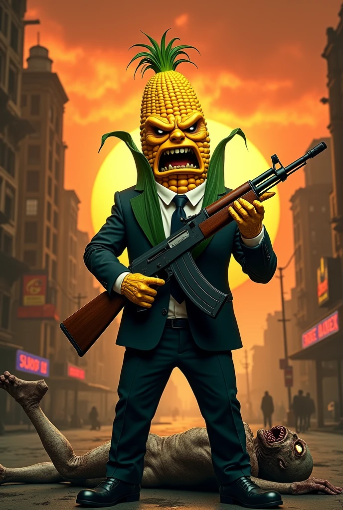 Angry corn in a suit with an AK 47 killing a zombie