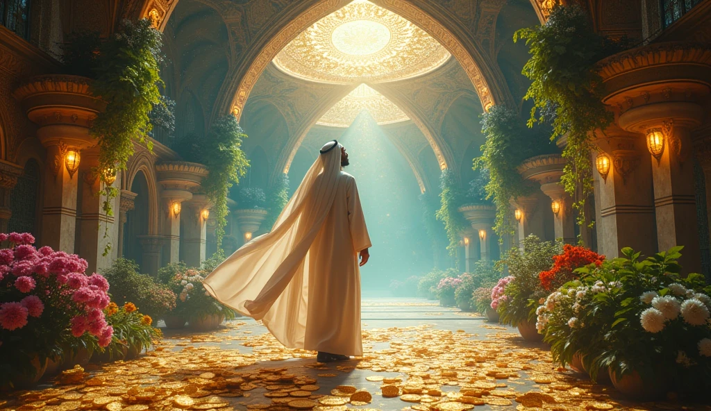 give me 1 Arabs standing in astral temple with nature seeing money