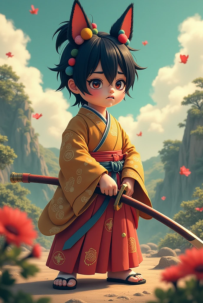 black hair, hair bobbles, wince, longeyelashes, solid circle eyes, fake animal ears, ear blush, fang, ccurate, Surrealism, drop shadow, stereogram, tachi-e, ass pov, atmospheric perspective, 8k, super detail, best quality, samurai, Sword, Dressed in kimono, Straw sandals, Sarashi, Draw your sword