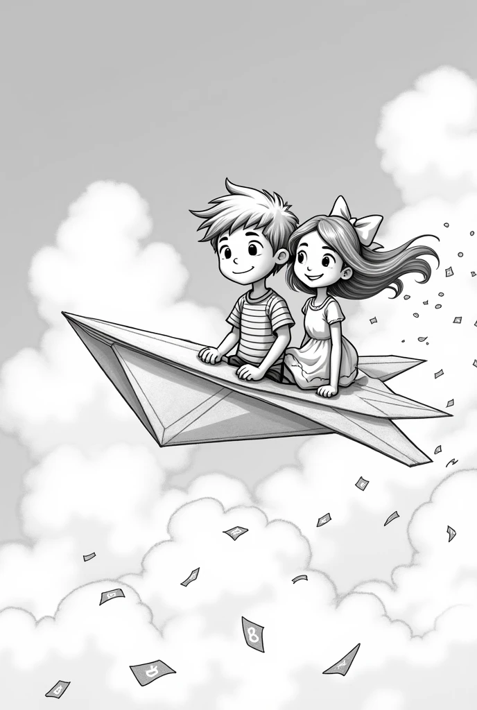 Black and white animated image to color of a paper airplane filled with letters with a boy and a girl on it