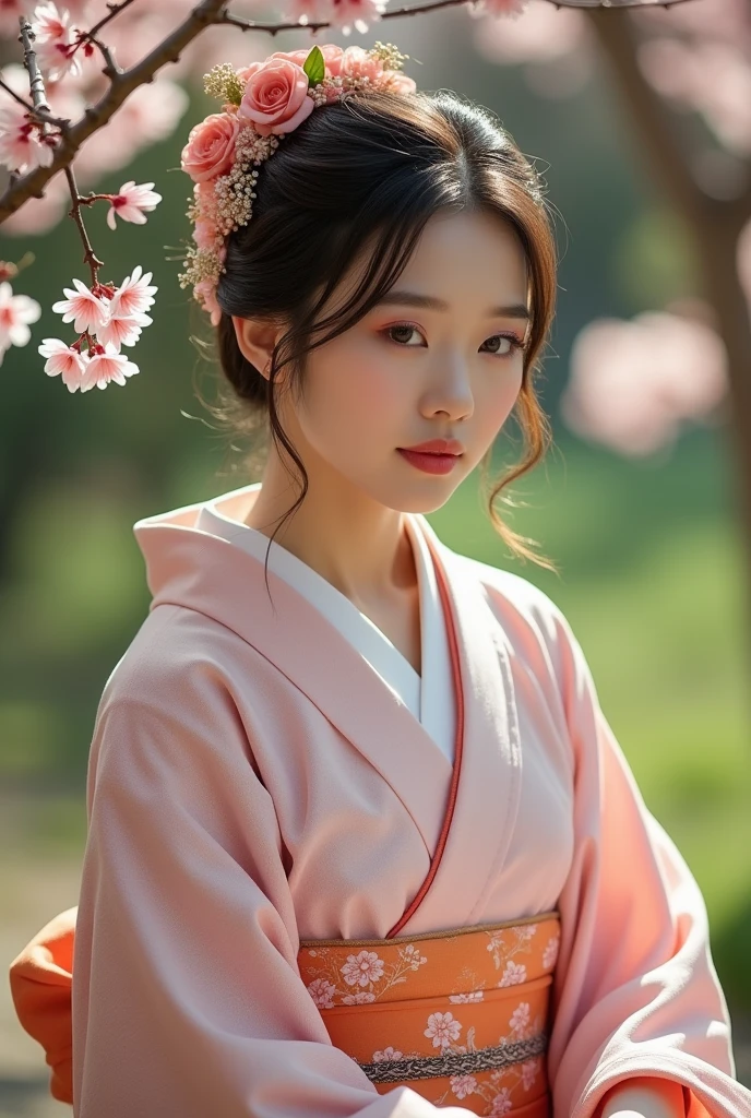 An elegantly dressed Japanese woman in natural light、A close-up of her huge breasts and calm expression.、It shows her inner peace and outer charm.。